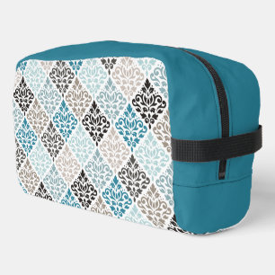Scroll Damask Rpt Pattern Teals Browns White Dopp Kit