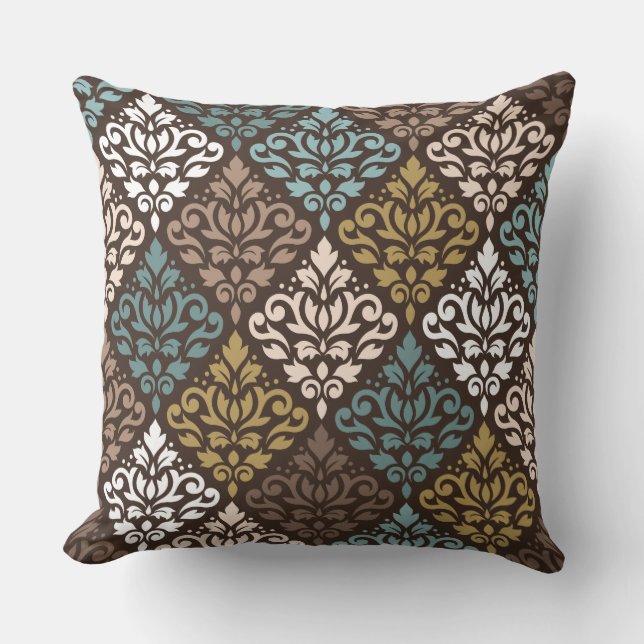 Scroll Damask Rpt Ptn Teals Browns Gold Crm White Cushion (Front)