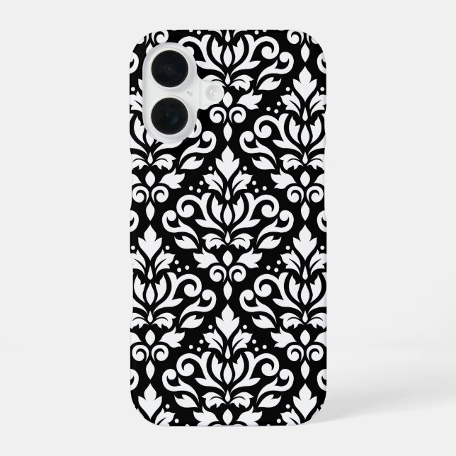 Scroll Damask White on Black Large Pattern iPhone 16 Case (Back)