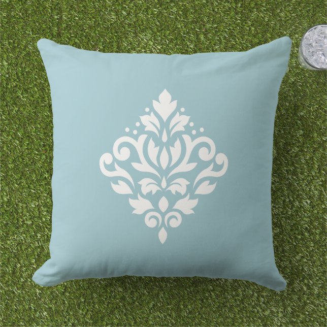 Scroll Damask White on Blue Cushion (Grass)