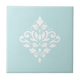Scroll Damask White on Duck Egg Blue Ceramic Tile