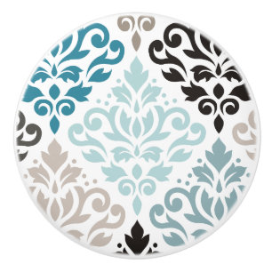 Scroll Damask XLg Pattern Art Teals Browns White Ceramic Knob