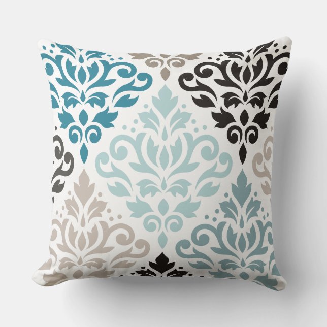 Scroll Damask XLg Pattern Art Teals Browns White Cushion (Front)