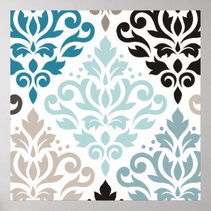 Scroll Damask XLg Pattern Art Teals Browns White Poster
