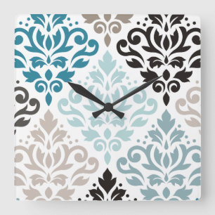 Scroll Damask XLg Pattern Art Teals Browns White Square Wall Clock