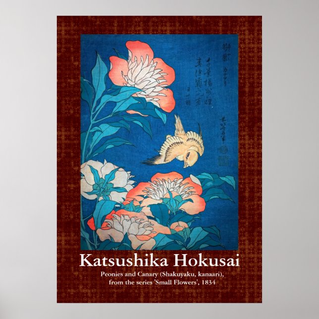 Scroll Design Peonies and Canary by Hokusai Poster (Front)