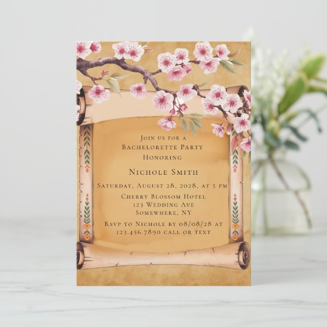 Scroll Japanese Cherry Blossom Bachelorette Party Invitation (Standing Front)