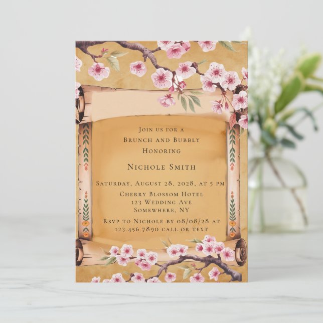 Scroll Japanese Cherry Blossom Brunch and Bubbly Invitation (Standing Front)