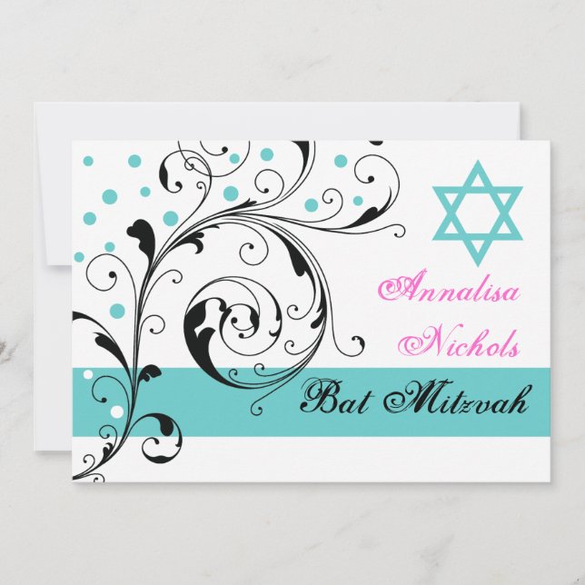 Scroll leaf black, white, aqua & Star of David Invitation (Front)
