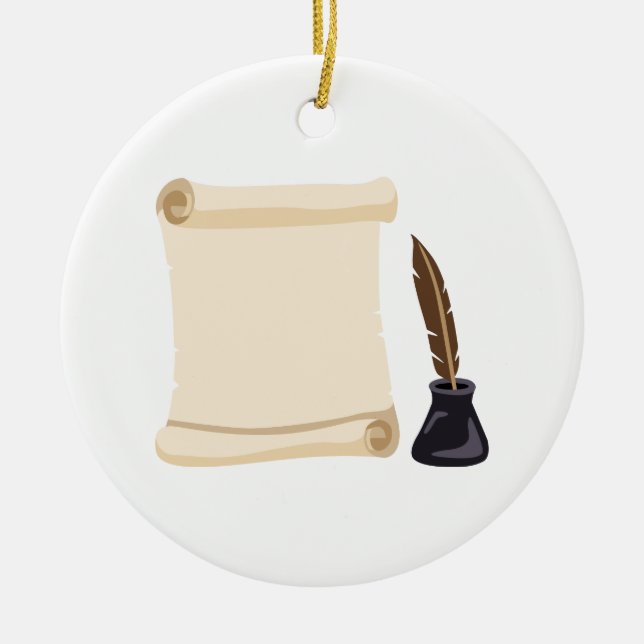 Scroll Quill & Ink Ceramic Ornament (Front)