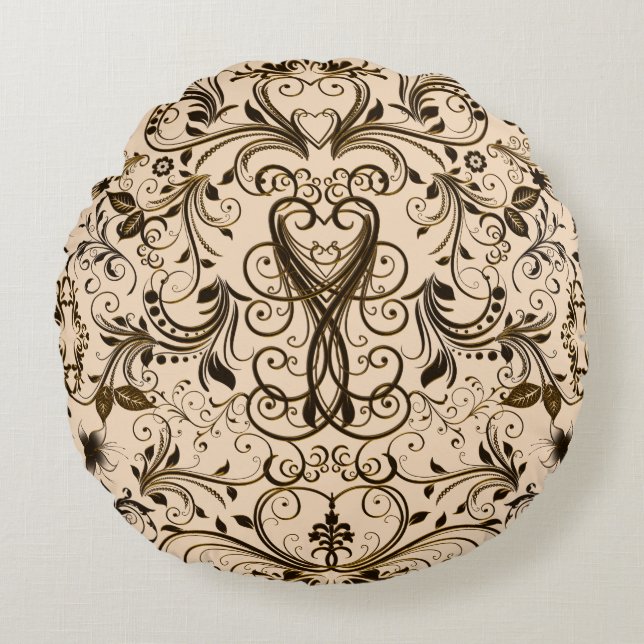 Scroll Work, Brown-Round Throw Pillow (Front)