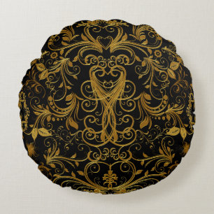 Scroll Work, Gold-Round Throw Pillow
