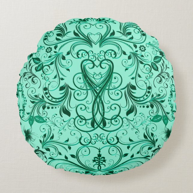 Scroll Work, Jade-Round Throw Pillow (Front)