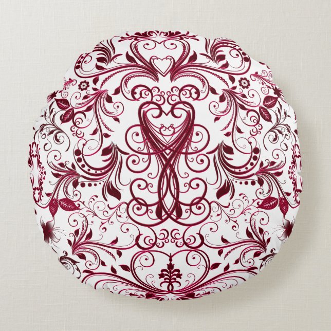 Scroll Work, Raspberry Red-Round Throw Pillow (Front)