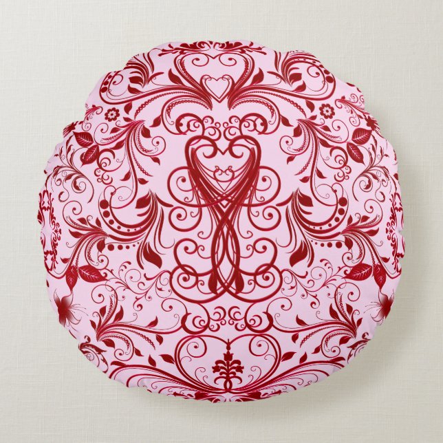 Scroll Work, Red-Round Throw Pillow (Front)