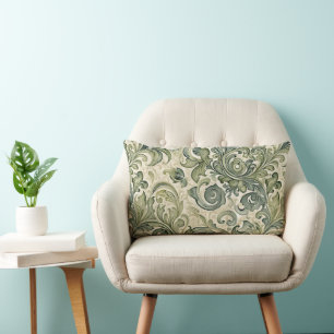 Scrolled Acanthus Sage and Teal Lumbar Cushion