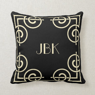 Scrolled Border, Monogram, Cream on Black Cushion