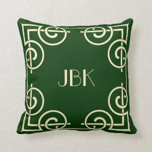 Scrolled Border Monogram Cream on Hunter Green Cushion