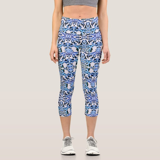 Scrolled Leaf Blue Capri Leggings (Front)