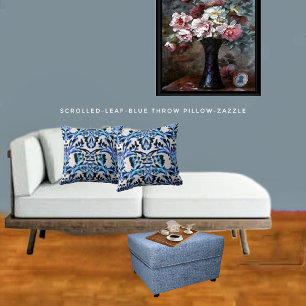 Scrolled Leaf-Blue Cushion