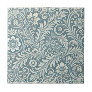 Scrolling Damask Pattern in Soft Blue and Ivory Ceramic Tile