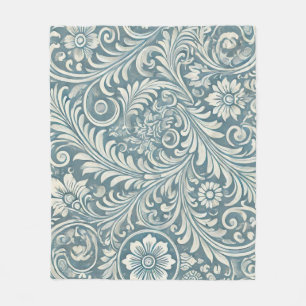 Scrolling Damask Pattern in Soft Blue and Ivory Fleece Blanket