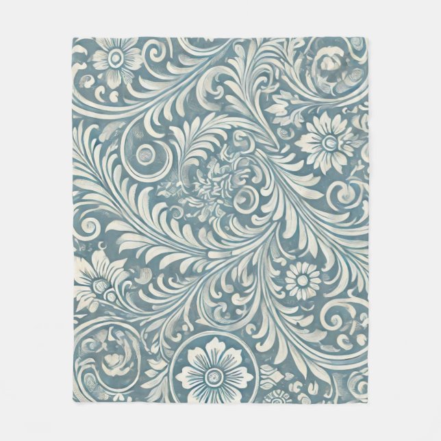 Scrolling Damask Pattern in Soft Blue and Ivory Fleece Blanket (Front)