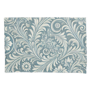 Scrolling Damask Pattern in Soft Blue and Ivory Pillowcase