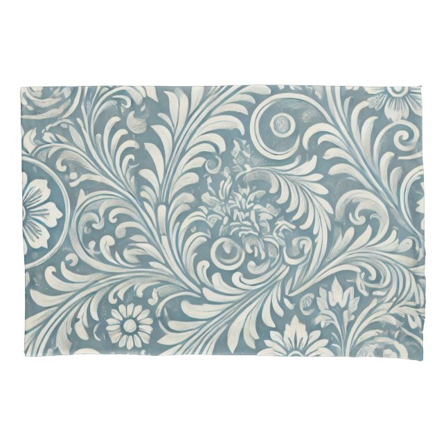 Scrolling Damask Pattern in Soft Blue and Ivory Pillowcase (Front)