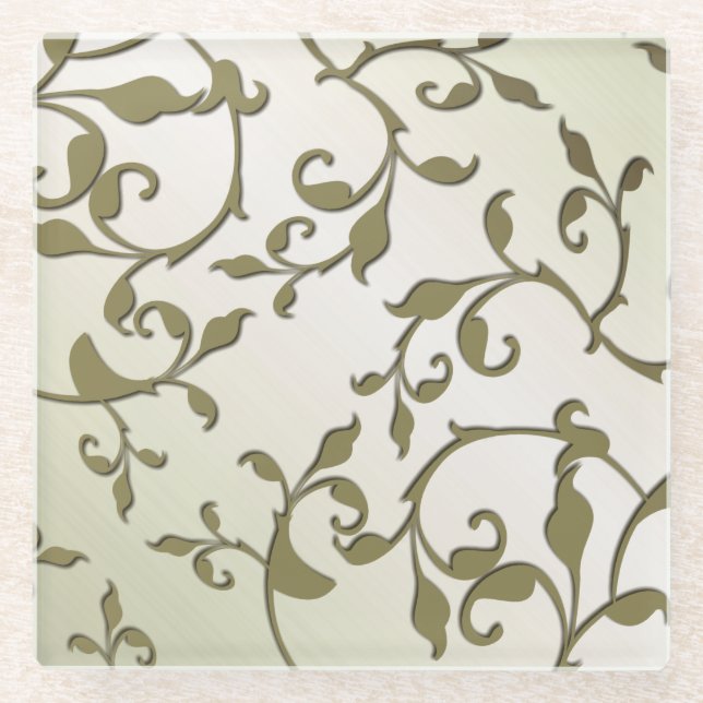Scrolling Olive Leaves Glass Coaster (Front)