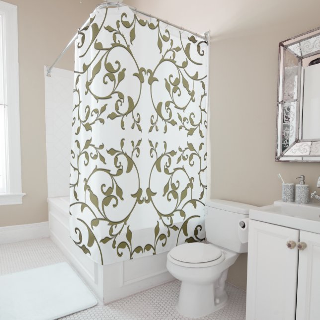 Scrolling Olive Leaves Shower Curtain (In Situ)