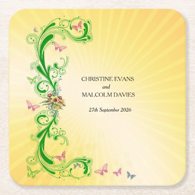 Scrolls and Butterflies Square Paper Coaster (Front)