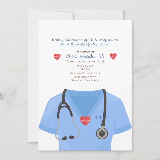 Scrubs, Stethoscope and Heart Nursing Invitation (Front)