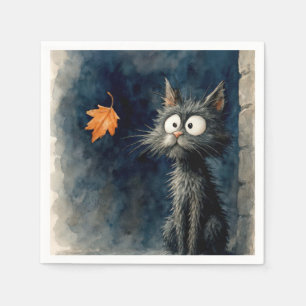 Scruffy Black Alley Cat With an Autumn Leaf Napkin
