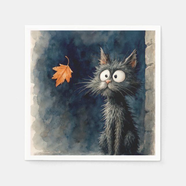 Scruffy Black Alley Cat With an Autumn Leaf Napkin (Front)