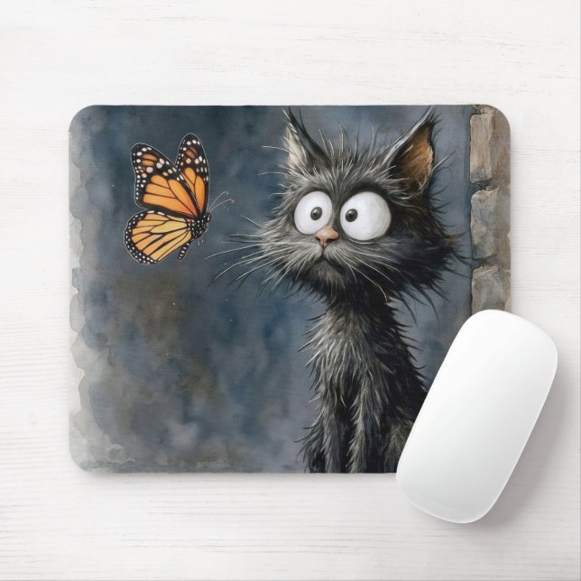 Scruffy Cat Staring at a Butterfly Mouse Pad (With Mouse)
