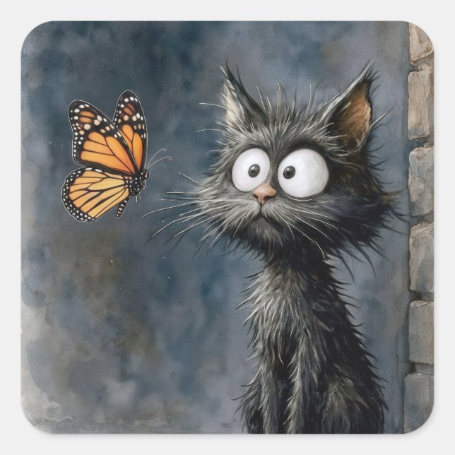 Scruffy Cat Staring at a Monarch Butterfly Square Sticker (Front)