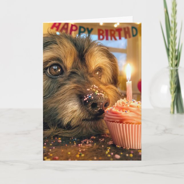 Scruffy Dog with a Birthday Cupcake Card (Front)