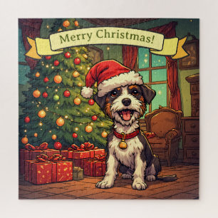 Scruffy Pup Santa Hat Christmas Tree Cheerful Jigsaw Puzzle