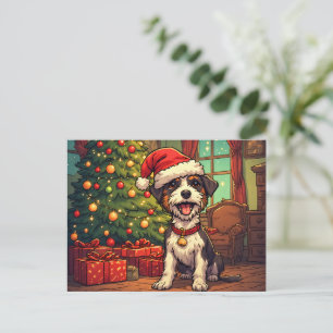 Scruffy Pup Santa Hat Christmas Tree Cheerful Postcard