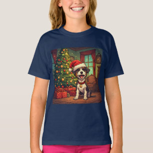Scruffy Pup Santa Hat Christmas Tree Cheerful T-Shirt