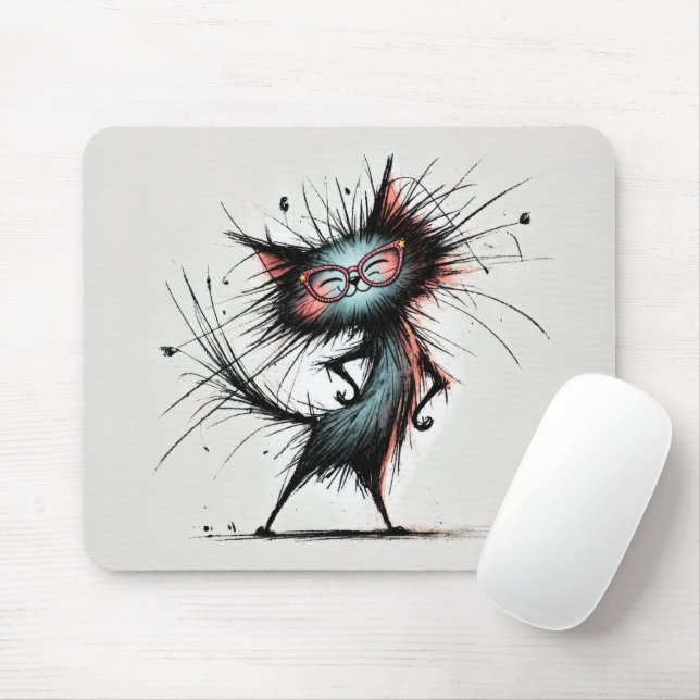 Scruffy Sassy Cat Wearing Red Glasses Mouse Pad (With Mouse)