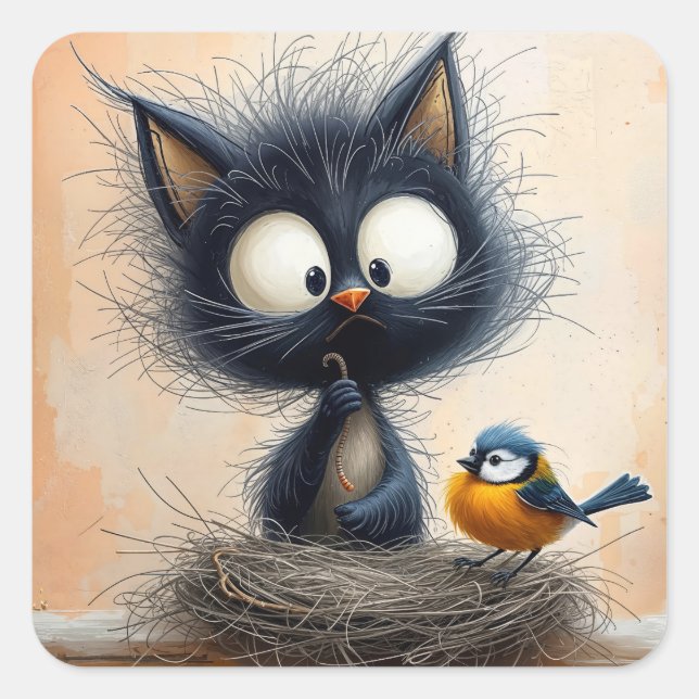 Scruffy Wide-eyed Cat Holding a Worm For a Bird Square Sticker (Front)