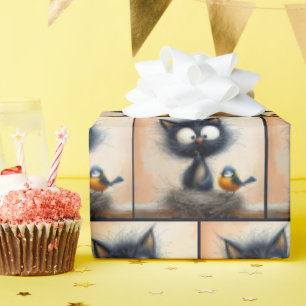 Scruffy Wide-eyed Cat With a Worm For a Bird Wrapping Paper
