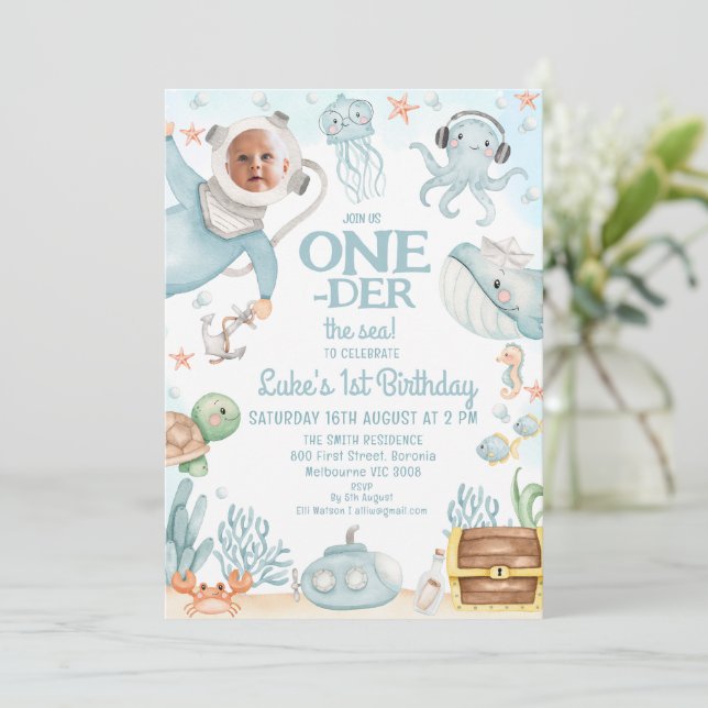 Scuba Blue Diver Oneder the Sea 1st Birthday  Invitation (Standing Front)