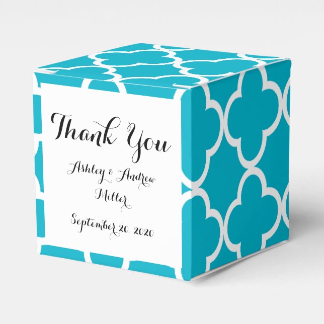 Scuba Blue White Quatrefoil Moroccan Pattern Favour Box (Front Side)