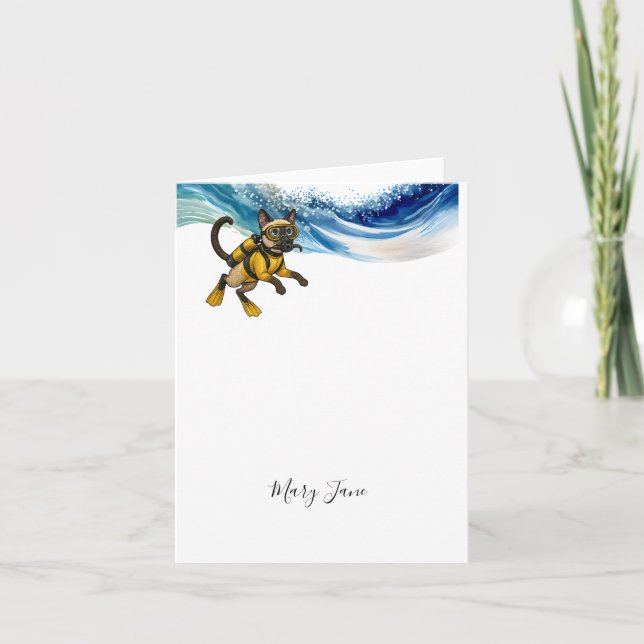 Scuba Cat Diving Blue Wet Suit Note Card (Front)