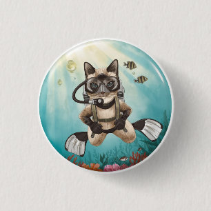 Scuba Cat is diving Underwater 3 Cm Round Badge