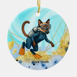 Scuba Cat is diving Underwater Ceramic Ornament