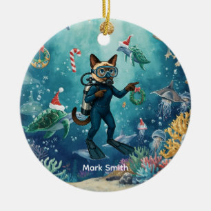 Scuba Cat is diving Underwater Christmas themed Ceramic Ornament